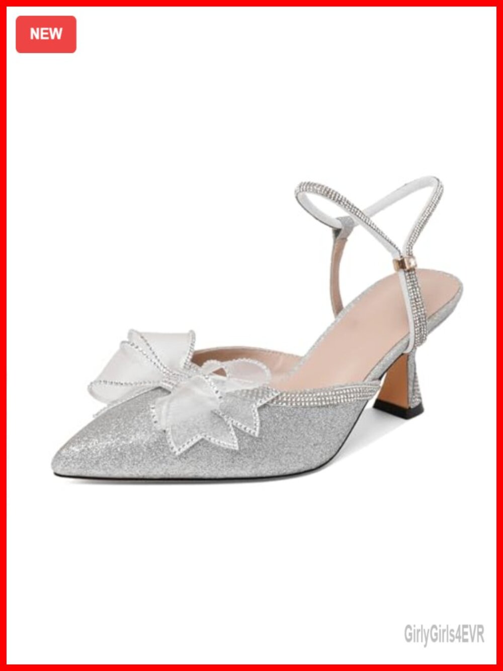 Rhinestone Bow Kitten Heel Slingback Pointed Toe Ankle Strap Pumps for Wedding
